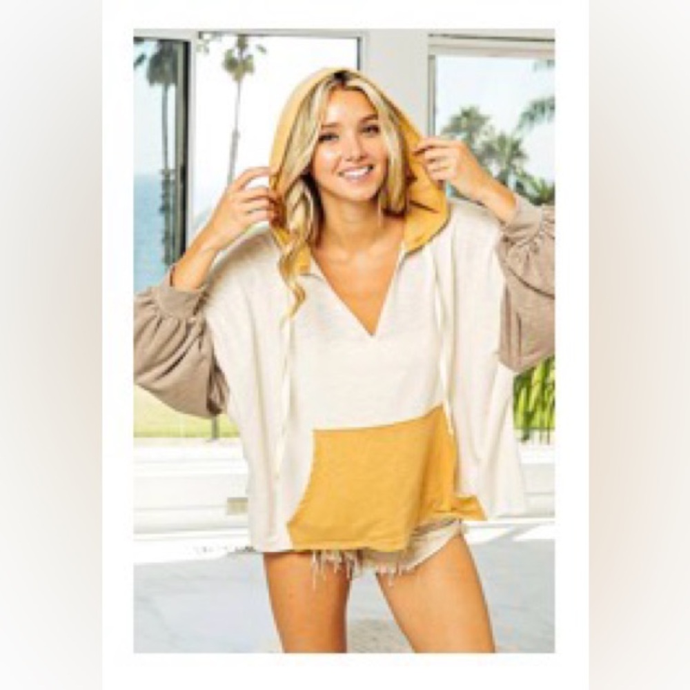 Bibi Colorblock V-Neck Hoodie Top - Lightweight